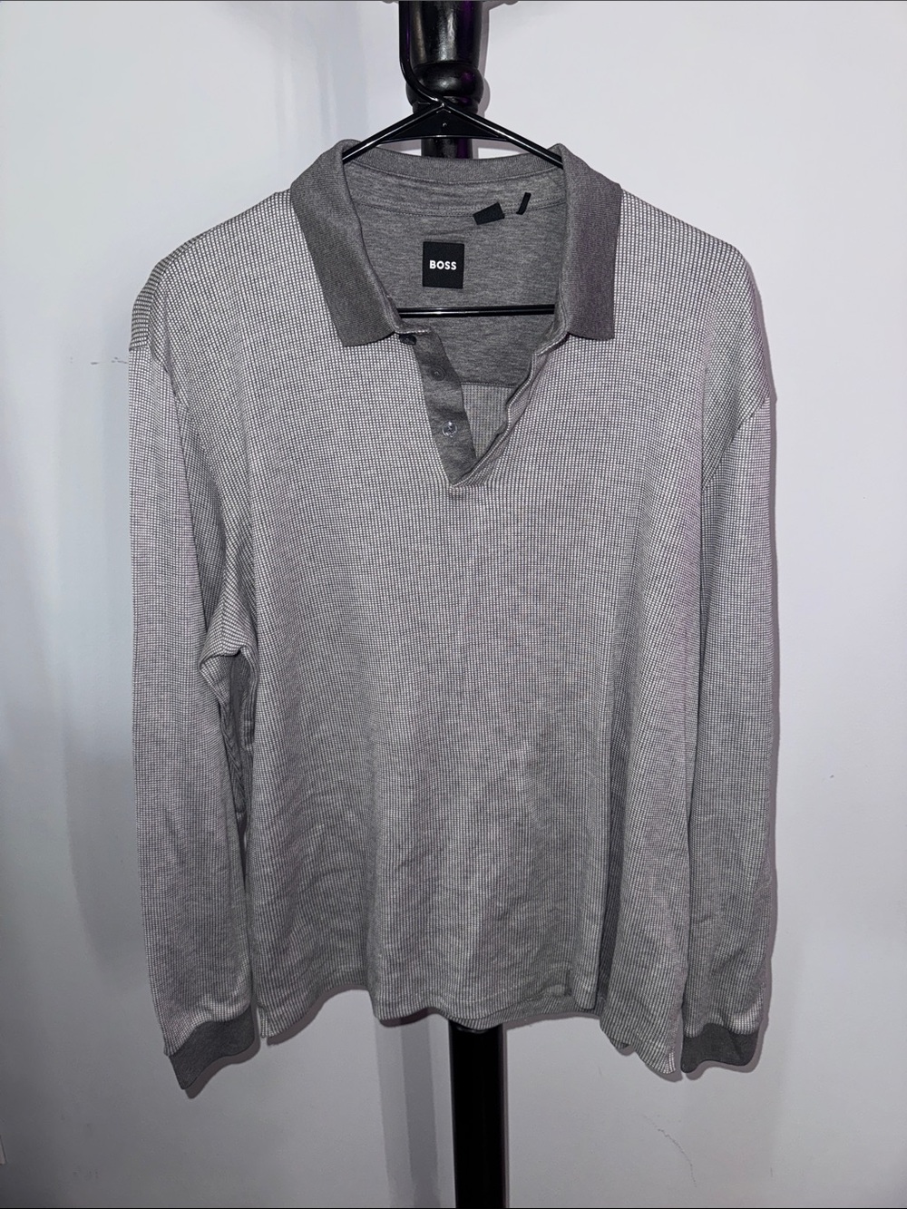 BOSS Men's Long-Sleeve Polo in Light Gray with Dark Gray Collar 32.T